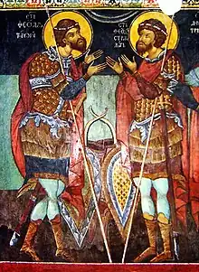 SS Theodore of Amasea (left) and Theodore of Heraclea (right) in a fresco at Kremikovtsi Monastery, Bulgaria (c. 16th cent.)