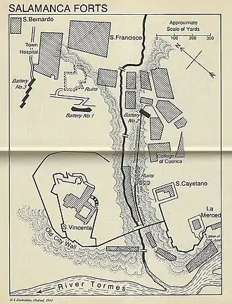 Map shows French forts in Salamanca that were forced to surrender in a siege that ended on 27 June 1812.
