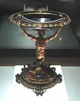 Florentine(?) Mannerist salt cellar, 16th century. Onyx bowl, gold mermaid, with gold and jewelled mounts.
