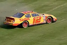 Gold-and-orange race car on grass