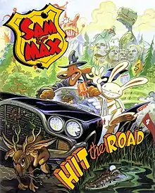 Artwork showing Sam and Max in their car