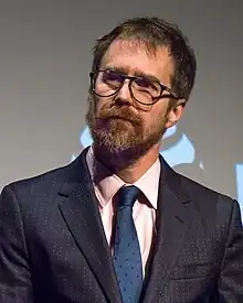 Photo of Sam Rockwell during a discussion following the U.S. premiere of Woman Walks Ahead at the 2018 Tribeca Film Festival.