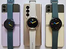 The Samsung Galaxy Watches, paired by Bluetooth with smartphones.
