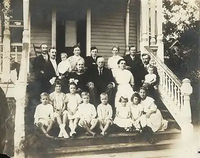 Samuel Dibble I family of Orangeburg SC c. 1912 (date and identification assumptions based on ages of children by Ann Wyatt Dibble); Back row: Samuel Dibble II, Louis Virgil Dibble, Rosa Parsons Dibble (baby), Ann Eliza Leak Wyatt Dibble, Samuel Dibble Moss, Frances Agnes Dibble Moss, Benjamin Hart Moss, Middle row: Mary Christiana Louis Dibble, Samuel Dibble, Mary "May" Henley Watson, Whitefield William Watson, Agnes Adele Watson (baby);Front row: Samuel Gabeau Dibble ? twin, Annie Leak Dibble (Bradley), Mary Louis Watson (Coleman), Thomas Wyatt Dibble ? twin, Samuel Dibble "Sam" Watson; Angelina Wannamaker Watson (Mayes), Mary Agnes Dibble (Morris), Mary Caroline Moss.