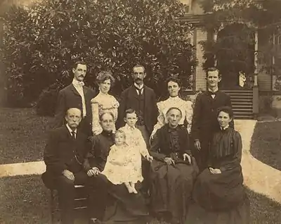 Samuel Dibble family of Orangeburg, South Carolina.Front row: Samuel Dibble, his wife Mary Christiana Louis Dibble, their grandchild Mary Caroline Moss, Samuel Dibble Moss (known as Dibble Moss), Ann Agnes Hall Louis (widow of Deopold Louis); Frances Agnes Dibble Moss(known as Agnes Moss). Back row: Louis Virgil Dibble; Annie Leak Wyatt Dibble; Samuel Dibble II, Mary Henley Dibble ("May" - later Mrs. W.W. Watson); Benjamin Hart Moss.