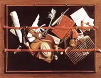 Samuel van Hoogstraten, Feigned Letter Rack with Writing Implements (c. 1655)