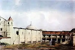 Hacienda and church of the Order of Preachers in San Jerónimco in 1844.  Drawing by M. Van Lockhoet.