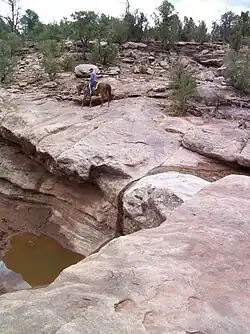 Horse rider above a pothole in a stream bed southwest of Ribera