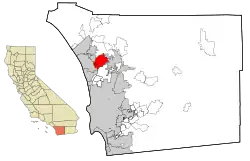 Location of San Marcos and unincorporated Lake San Marcos in San Diego County and the state of California