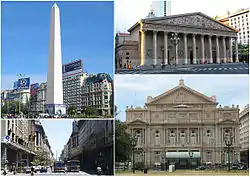 Clockwise from top: the Obelisco, the Metropolitan Cathedral, Diagonal Norte and the Colon Theatre.