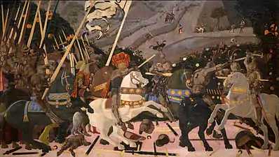 Niccolò Mauruzi da Tolentino at the Battle of San Romano (probably c. 1438–1440), egg tempera with walnut oil and linseed oil on poplar, 182 × 320 cm, National Gallery, London.