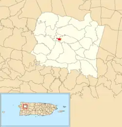 Location of San Sebastián barrio-pueblo within the municipality of San Sebastián shown in red