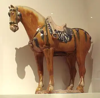 Sancai glazed ceramic horse, Tang dynasty, 7th–8th century, Musée Guimet