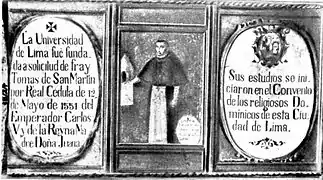 Oil painting commemorating the foundation of the University of Lima (later named San Marcos), officially the first university in Peru and the Americas, and his manager Friar Tomas of San Martin