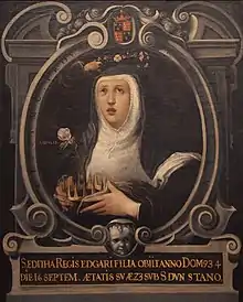 St, Edith as a young woman, dressed in white and black religious garb, holding a royal crown and pink rose while being invested with a crown of flowers