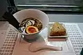 Ramen noodles and onigiri served in the cafeteria