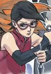 A young black-haired girl holding two kunai and wearing a red shirt, red glasses and dark-coloured arm protectors