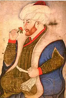 This portrait of Mehmed II smelling a rose was made by Nakkaş Sinan Bey.