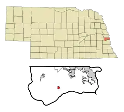 Location of Springfield within Sarpy County and Nebraska