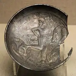 A probable Kushano-Sasanian plate with hunting scene, found in the 504 CE tomb of Feng Hetu in China. Shanxi Museum. It is dated the 3rd-4th century CE, and was probably manufactured in northern Afghanistan.
