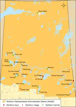 Map of northern municipalities by type in Saskatchewan as of 2013