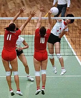 Sata Isobe spiking ball against Soviet Union National Team, 1964 Tokyo Olympics Women's Volleyball