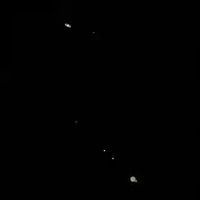 Photograph of the great conjunction of 2020 taken two days before closest approach with the four Galilean moons visible around Jupiter. (Titan can also be seen to the right of Saturn.)