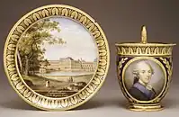 Sèvres cup with portrait of Louis XVIII's father, saucer with the Palace of Fontainebleau, 1822–23