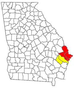 Map outlining the Savannah–Hinesville–Statesboro CSA