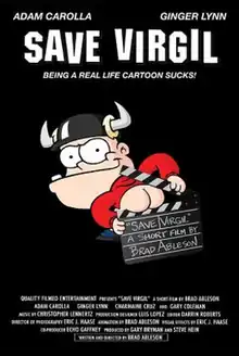 snaggletoothed cartoon character wearing horned helmet puts his bare bottom between the pieces of a clapperboard while looking mischievously at the viewer. Title and tagline “being a real life cartoon sucks!” are above him.