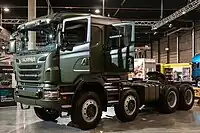 Scania R 730 CA8x8EHZ with CR31 CrewCab, eight-wheel drive heavy-haulage tractor at Norway Trade Fairs in Lillestrøm, Norway in 2011.
