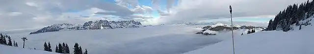 Panorama of the Wilder Kaiser as seen from the top station of the Brandstadlbahn