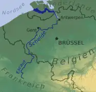 Relief map showing the Escaut/Scheldt river