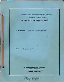 Cover page of the 1954 transcript of the US Department of Interior Security Hearing Board of the investigation against Ruth A. M. Schmidt, a geologist employed by the USGS