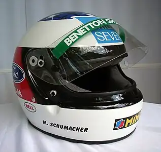 Helmet for the 1994 season (Benetton); Schumacher used the Bell helmet for nine years in Formula One, from the 1992 Canadian Grand Prix to 2001 Australian Grand Prix.