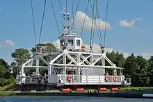 The hanging ferry under the bridge span