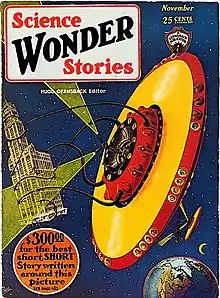 Depiction of something like a flying saucer by illustrator Frank R. Paul on the October 1929 issue of Hugo Gernsback's pulp science fiction magazine Science Wonder Stories