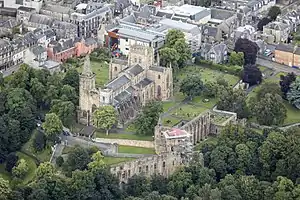 Dunfermline Palace and Abbey seen from Monastery Street.