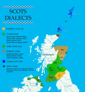 Southern Scots is spoken near the Anglo-Scottish border, Central Scots in south-central Scotland, Ulster Scots in Northern Ireland, Northern Scots in northeastern Scotland, Insular Scots on the Orkney and Shetland islands, .