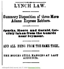 b/w screen capture of old newspaper featuring lynching of reno gang members