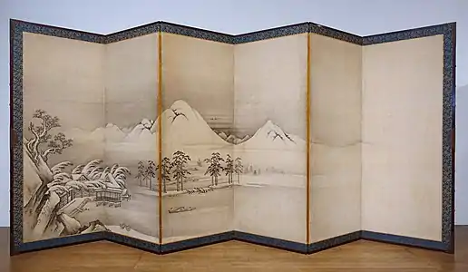 Wang Ziyou Visiting Dai Andao, ink painting on a folding screen. Mid 1600s.