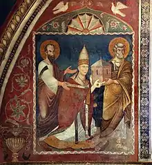 XIII century fresco in the Sancta Sanctorum (Lateran, Rome) depicting Nicholas III offering the church to Christ