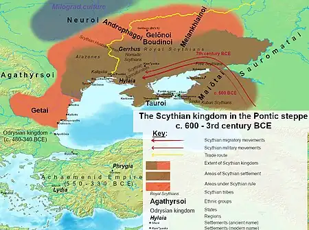 The maximum extent of the Scythian kingdom in the Pontic steppe