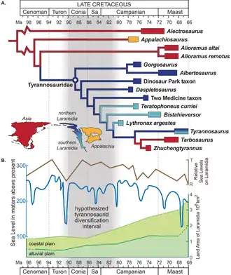 A phylogenetic tree labelled with colours representing continents, with a graph plotting sea level and tyrannosaur diversity against time