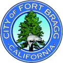 The city's official seal, in chief a salmon superimposed on a redwood tree, the Pacific Ocean set in relief, bordered by a blue circle with the words 'City of Fort Bragg California' appearing within the border in gold block letters