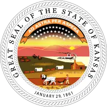 Image 15The Great Seal of the State of Kansas was established by the legislature on May 25, 1861. The design was submitted by Senator John James Ingalls. He also proposed the state motto, "Ad astra per aspera", which means "to the stars through difficulty". (from History of Kansas)