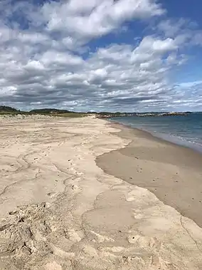 A brown sandy beach under a blue sky with much cloud cover