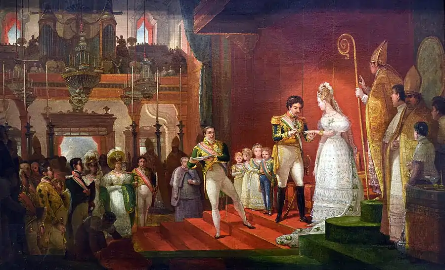 Under a red canopy in a baroque church, a man in uniform places a ring on the finger of a woman in an elaborate white dress, attended by 4 small children, bishops and other onlookers