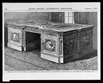 black and white drawing of an ornate desk