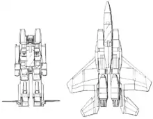 Front view of Starscream standing neutrally on left with jet horizontal stabilizers jutting sideways out from feet, normal-appearing dorsal-view jet illustration on right to similar scale